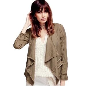 Free People Linen Jacket Size XS Taupe Tan Raw Hem Pockets Lightweight Bohemian